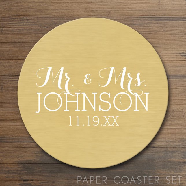 Solid Colour Mr & Mrs Wedding or Anniversary Favou Round Paper Coaster (Custom Coaster)