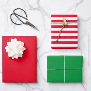 Solid Colour Red Green with Red and White Stripes Wrapping Paper Sheet