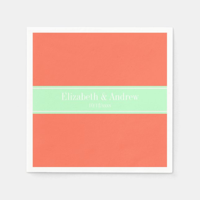 Solid Coral, Mint Ribbon Name Monogram Napkin (Front)