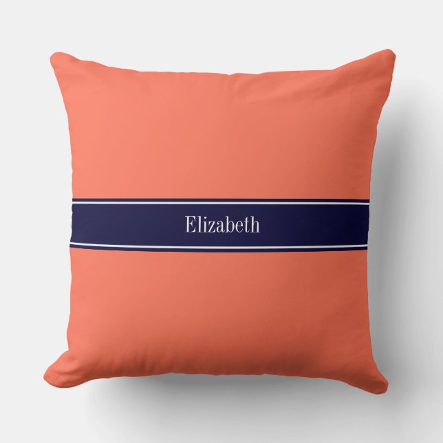 Solid Coral, Navy Blue Ribbon Name Monogram Cushion (Front)