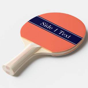 Solid Coral, Navy Blue Ribbon Name Monogram Ping Pong Paddle
