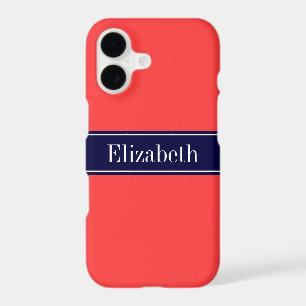 Solid Coral Red, Navy Blue Ribbon Name Monogram