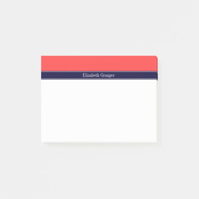 Solid Coral Red, Navy Blue Ribbon Name Monogram Post-it Notes (Front)