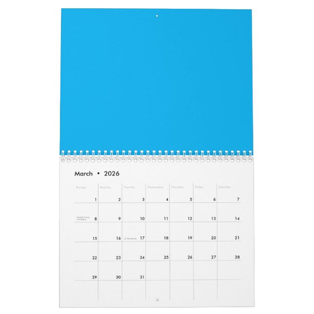 Solid Cyan Blue Background | Summer Minimal Style Calendar (Mar 2026)