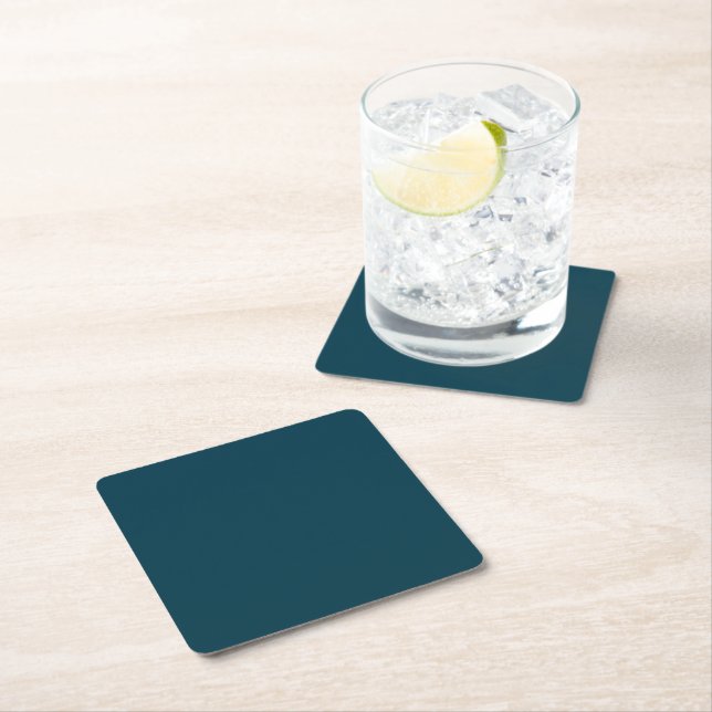 Solid deep aqua teal blue square paper coaster (Insitu)