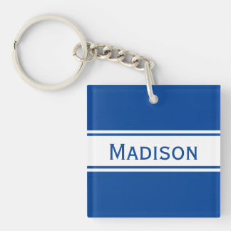 Solid Deep Blue White Stripes Modern Name Key Ring