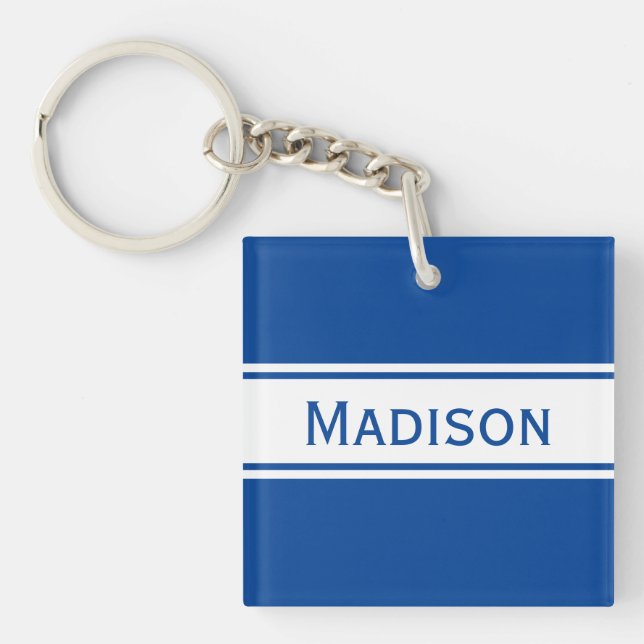 Solid Deep Blue White Stripes Modern Name Key Ring (Front)