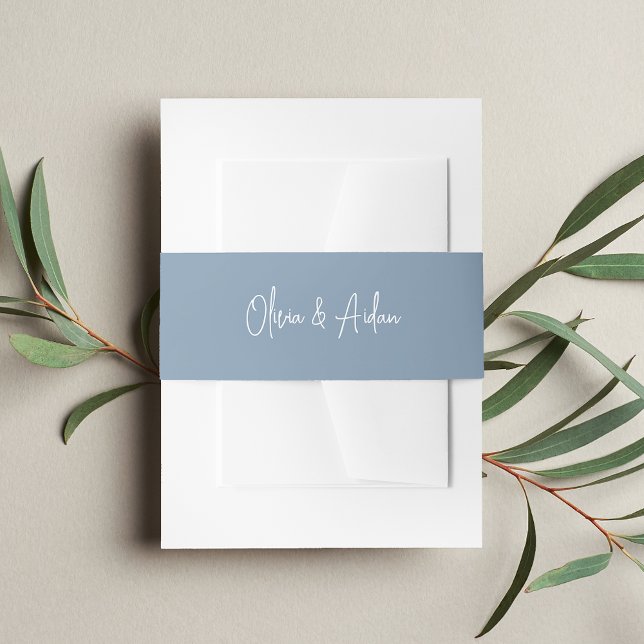 Solid Dusty Blue Handwritten Script Wedding Invitation Belly Band (Creator Uploaded)