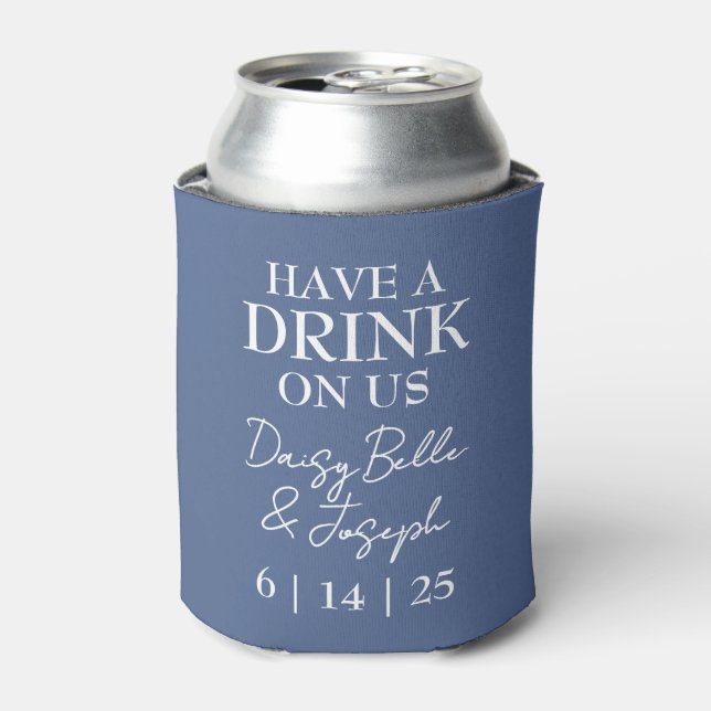 Solid Dusty Blue Wedding Can Cooler (Can Front)