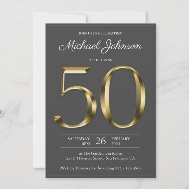 Solid Gold 50th Birthday Dark Grey Classy Party Invitation (Front)