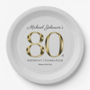 Solid Gold 80th Eightieth Text Light Grey Elegant Paper Plate