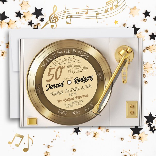 Solid Gold Black Vinyl Record 50th Birthday Party Invitation (Retro vinyl black & gold record player disco solid gold 70's 50th birthday party invitation)