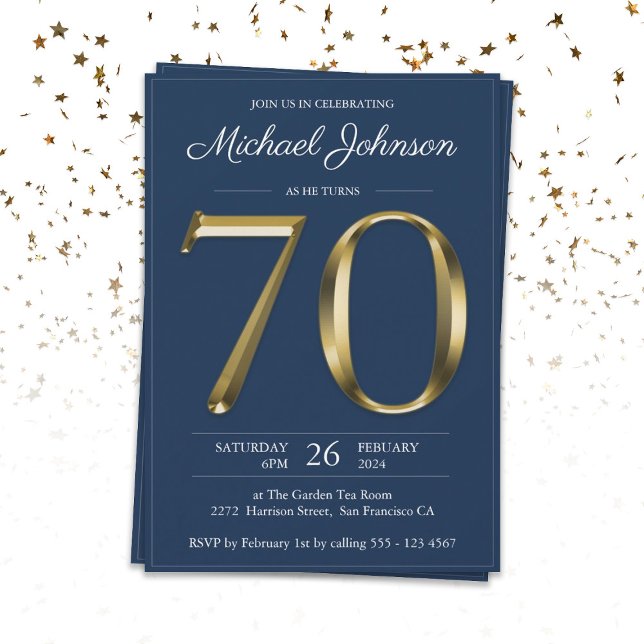 Solid Gold Text Navy Blue Classy 70th Birthday  Invitation (Creator Uploaded)