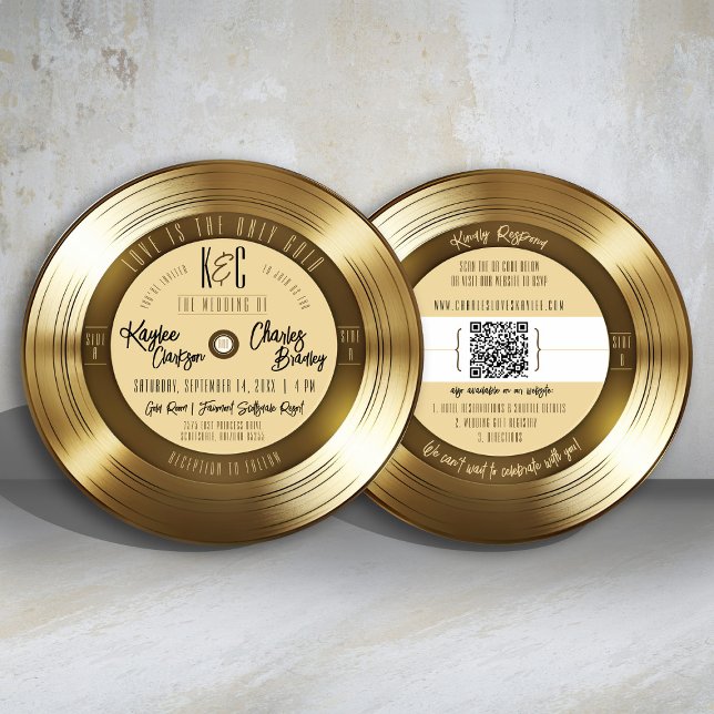 Solid Gold Vinyl Record Monogram Music Wedding Invitation (Fun & Unique gold 45 vinyl record hit single song double-sided music theme round wedding invitation)