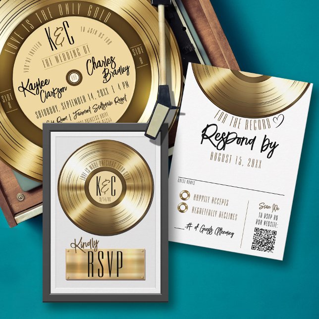 Solid Gold Vinyl Record Plaque Wedding Invite RSVP (Solid gold record plaque award style music theme wedding invitation RSVP card, monogram, qr code)