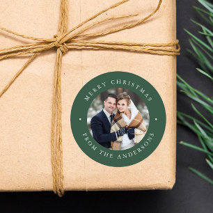 Solid Green Holiday Photo Classic Round Sticker