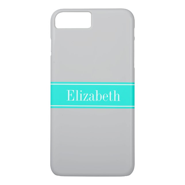 Solid Grey, Bright Aqua Ribbon Name Monogram Case-Mate iPhone Case (Back)