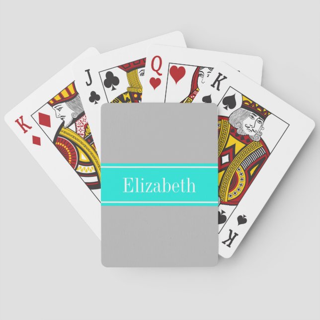 Solid Grey, Bright Aqua Ribbon Name Monogram Playing Cards (Back)