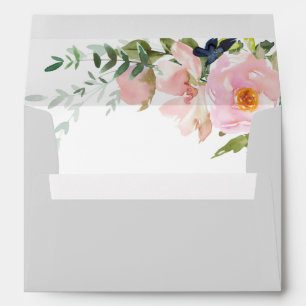 Solid Grey with Blush Pink Floral Spray Wedding Envelope