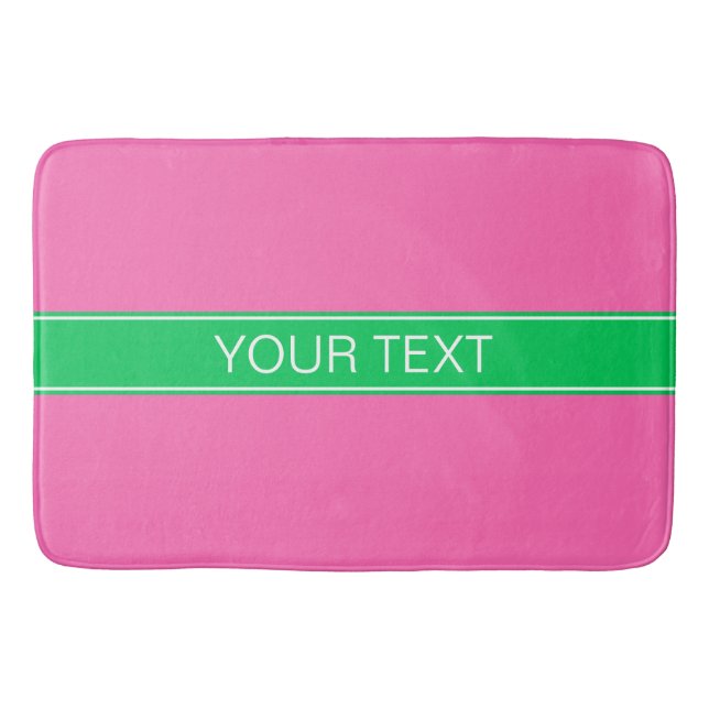 Solid Hot Pink #2 Emerald Green Rbn Name Monogram Bath Mat (Front)
