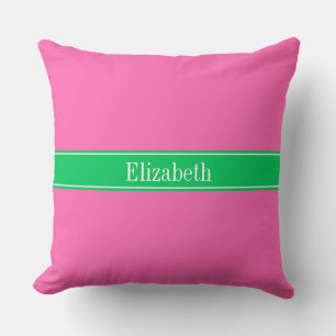 Solid Hot Pink #2 Emerald Green Rbn Name Monogram Cushion