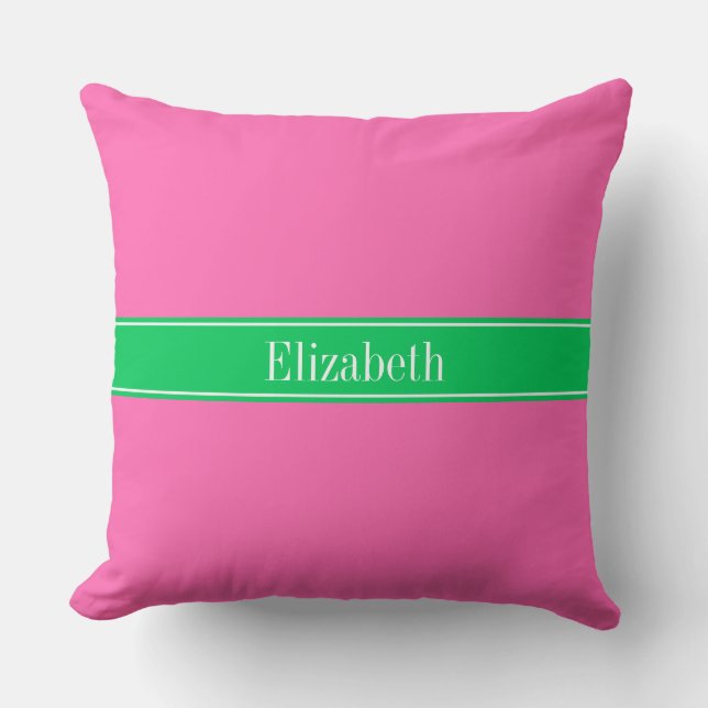 Solid Hot Pink #2 Emerald Green Rbn Name Monogram Cushion (Front)