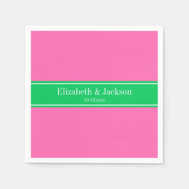 Solid Hot Pink #2 Emerald Green Rbn Name Monogram Napkin (Front)