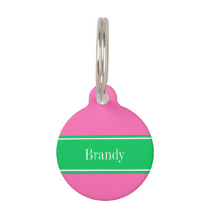 Solid Hot Pink #2 Emerald Green Rbn Name Monogram Pet Tag