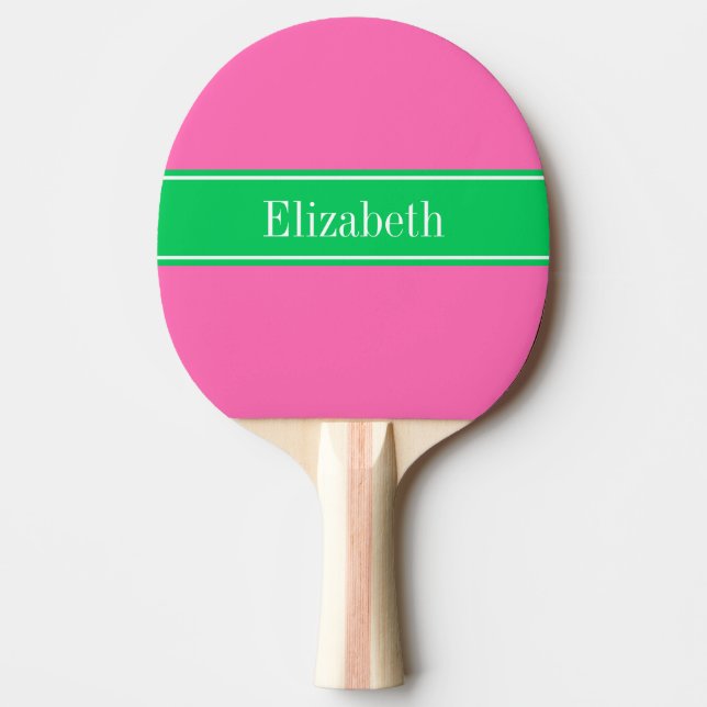 Solid Hot Pink #2 Emerald Green Rbn Name Monogram Ping Pong Paddle (Front)