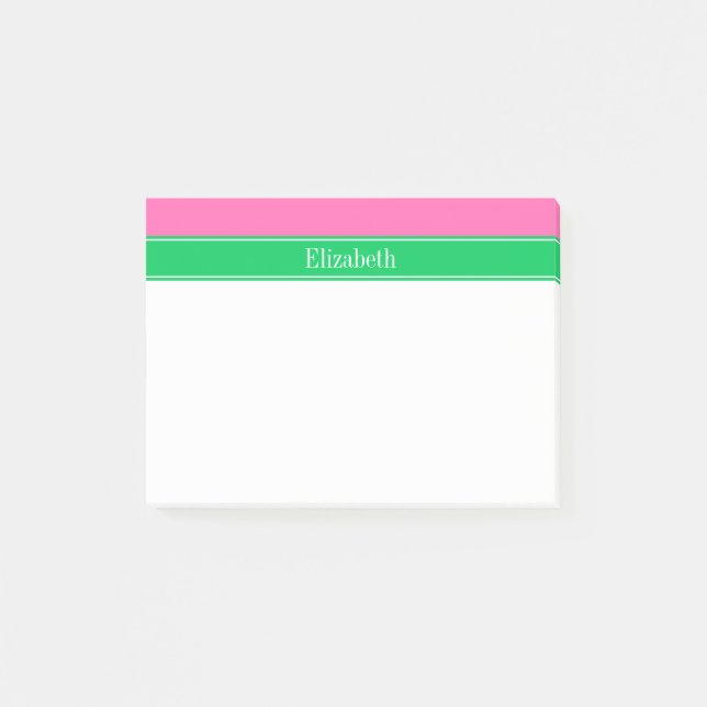 Solid Hot Pink #2 Emerald Green Rbn Name Monogram Post-it Notes (Front)