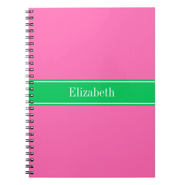 Solid Hot Pink #2 Emerald Green Rbn Name Monogram Spiral Notebook (Front)