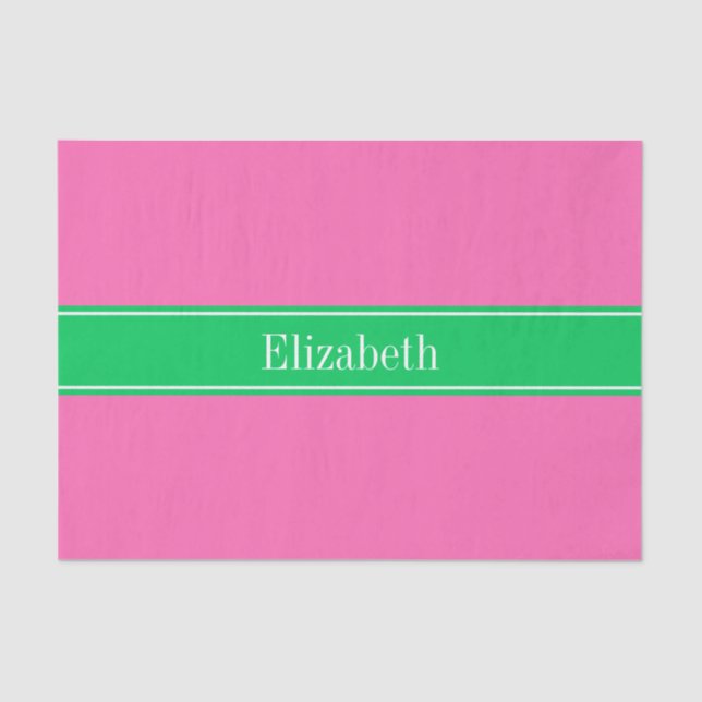 Solid Hot Pink #2 Emerald Green Rbn Name Monogram Tissue Paper (Front)