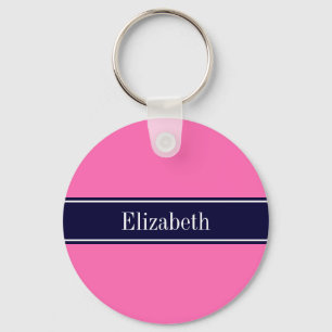 Solid Hot Pink #2, Navy Blue Ribbon Name Monogram Key Ring