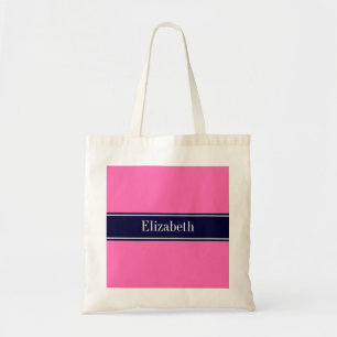 Solid Hot Pink #2, Navy Blue Ribbon Name Monogram Tote Bag