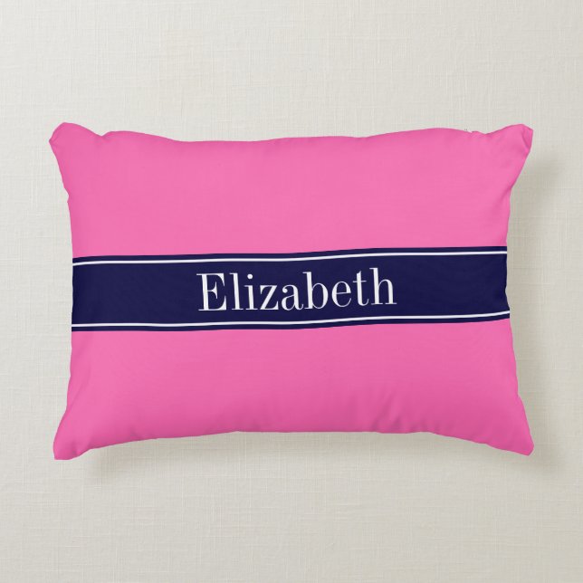 Solid Hot Pink #2 Ribbon Navy Blue Name Monogram Decorative Cushion (Front)