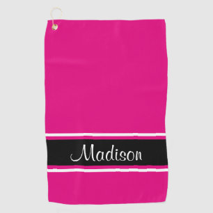 Solid Hot Pink Black Stripe Script Name Golf Towel