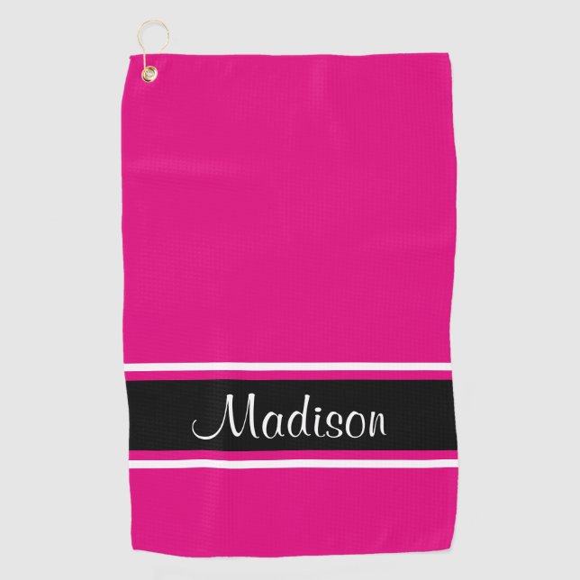 Solid Hot Pink Black Stripe Script Name Golf Towel (Front)