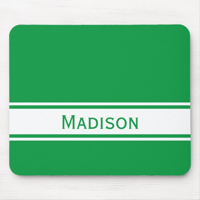 Solid Kelly Green White Stripes Modern Name Mouse Pad (Front)