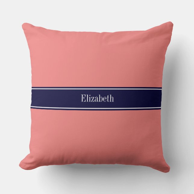 Solid Light Coral, Navy Blue Ribbon Name Monogram Cushion (Front)