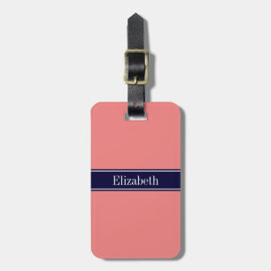 Solid Light Coral, Navy Blue Ribbon Name Monogram Luggage Tag