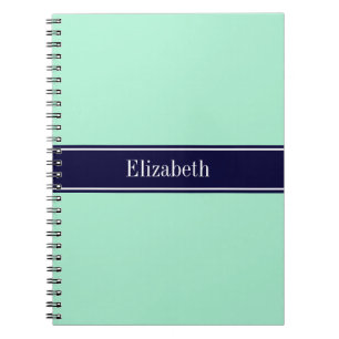 Solid Light Mint, Navy Blue Ribbon Name Monogram Spiral Notebook