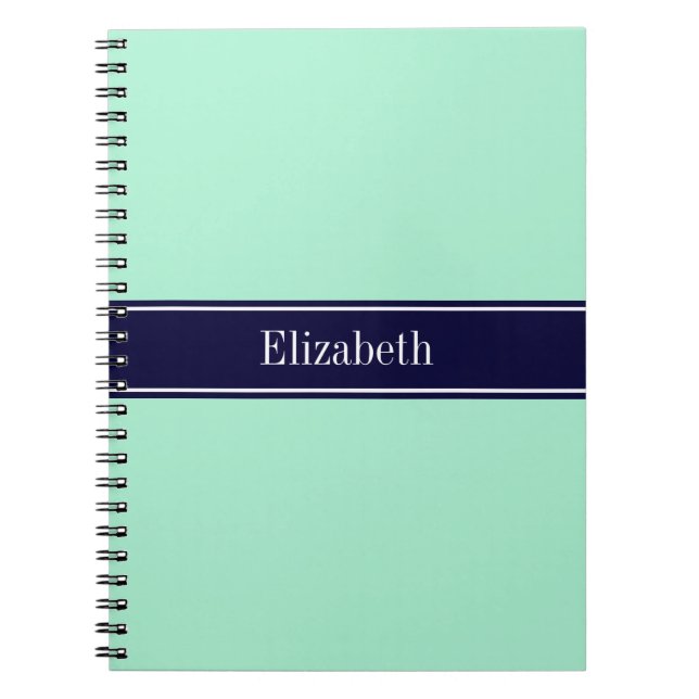 Solid Light Mint, Navy Blue Ribbon Name Monogram Spiral Notebook (Front)