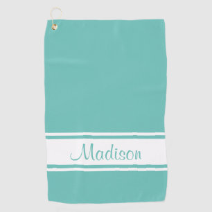 Solid Light Teal White Stripe Script Name Golf Towel