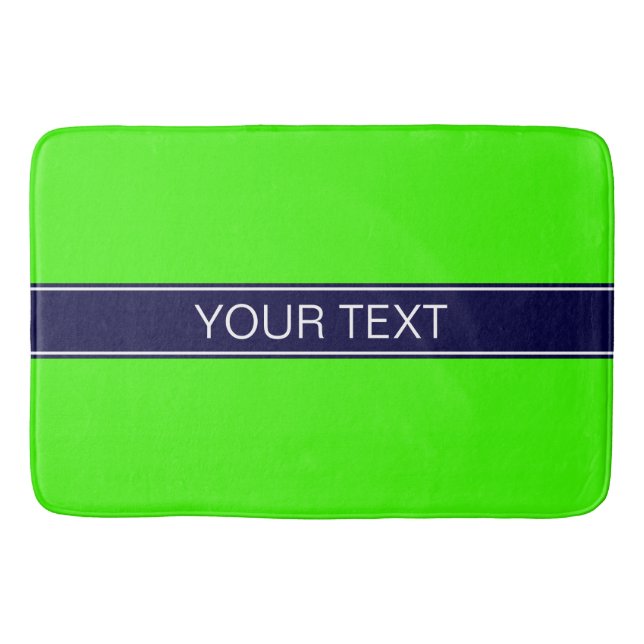 Solid Lime Green, Navy Blue Ribbon Name Monogram Bath Mat (Front)