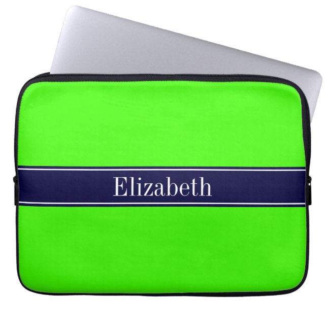 Solid Lime Green, Navy Blue Ribbon Name Monogram Laptop Sleeve (Front)