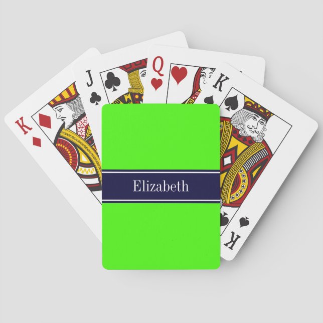 Solid Lime Green, Navy Blue Ribbon Name Monogram Playing Cards (Back)