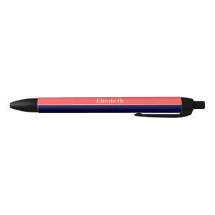 Solid Navy Blue Coral Red Ribbon Name Monogram Black Ink Pen