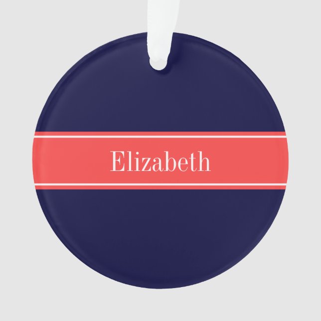 Solid Navy Blue Coral Red Ribbon Name Monogram Ornament (Front)
