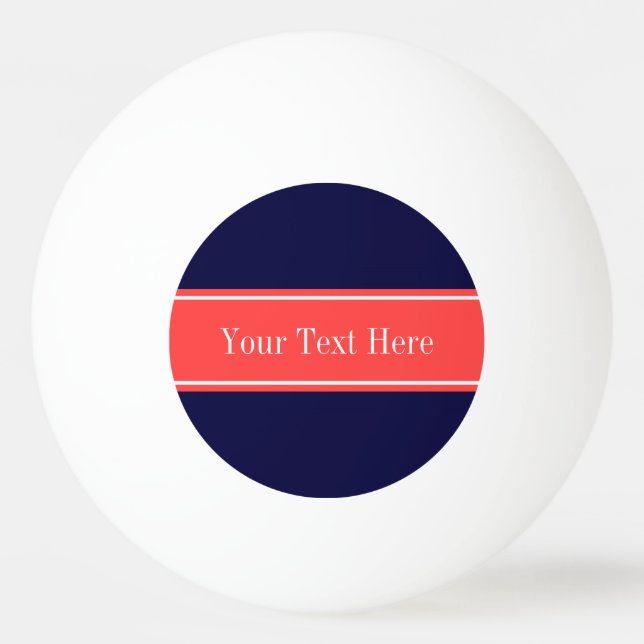 Solid Navy Blue, Coral Red Ribbon Name Monogram Ping Pong Ball (Front)