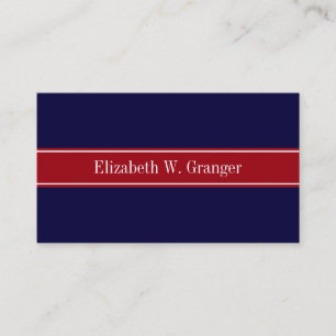 Solid Navy Blue Cranberry Red Ribbon Name Monogram Business Card